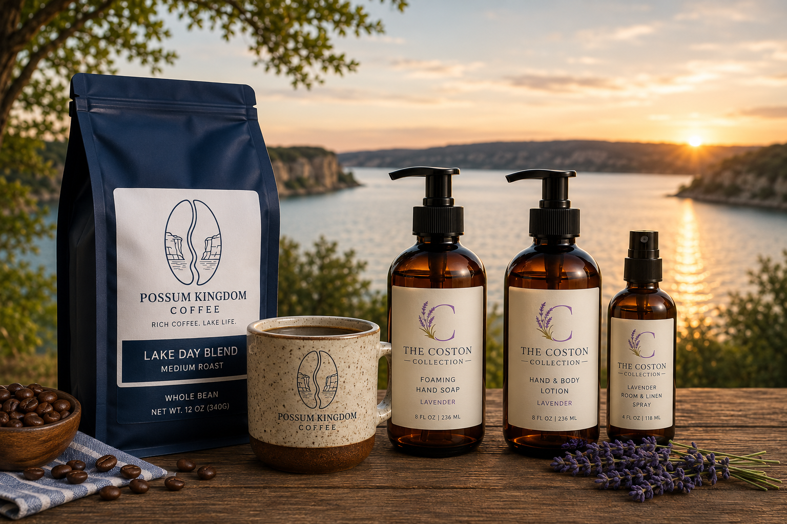 "Coston & Company products featuring Possum Kingdom Coffee and The Coston Collection amber bottles overlooking Possum Kingdom Lake at sunset."